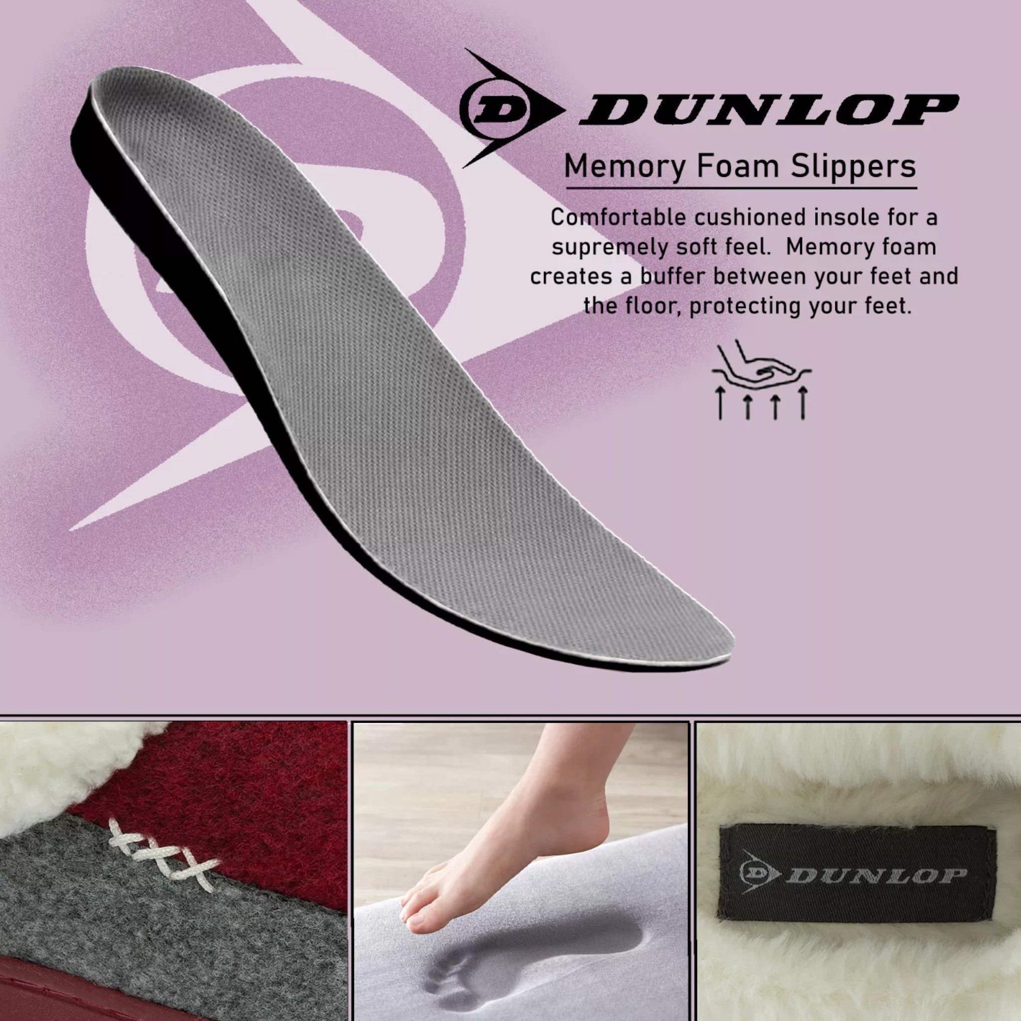 womens memory foam Warm indoor Dunlop ladies slippers with soft lining and non slip sole in burgundy and grey